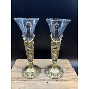 Pair Of Vintage Brass Filigree Fluted Vases w/ Clear Glass Insert Made in India
